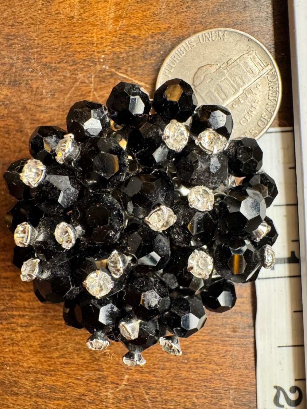 Vintage Black Bead Cluster Brooch Rhinestone Accents